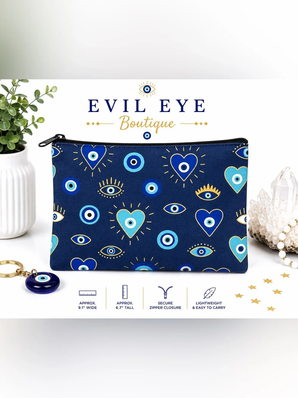 🧿🦋Navy Evil Eye Print Zip Pouch